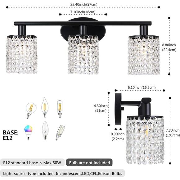 Black Bathroom Light Fixtures, 3-Light Crystal Vanity Lights Over Mirror | NEW - Picture 2 of 8